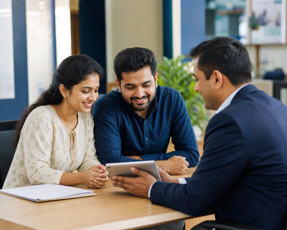 A couple in India discussing loan options with a lending partner representative